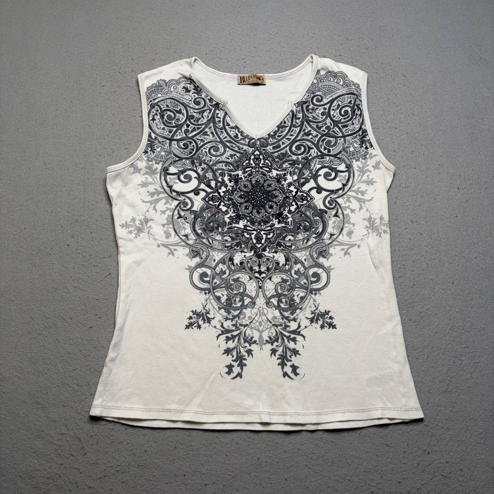 Blue Canyon Clothing Tank Top Womens S White Gray Mandala Y2K Graphic Sleeveless